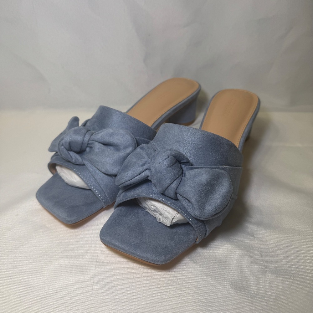 Coutigo Blue Faux‎ Suede Bow Square Toe Block Heel Mule Sandals Womens Size 10